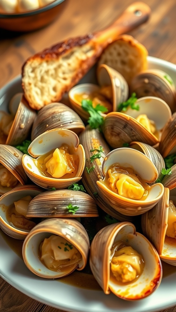 A delicious serving of garlic butter clams with parsley and crusty bread on a rustic table.